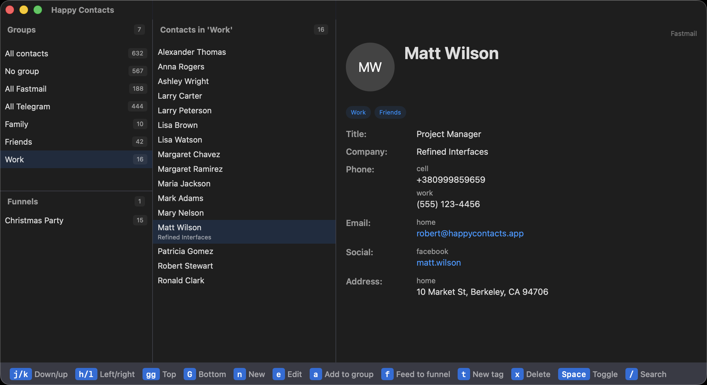 HappyContacts contact detail view with sidebar, contact list, and profile fields in a dark macOS window.